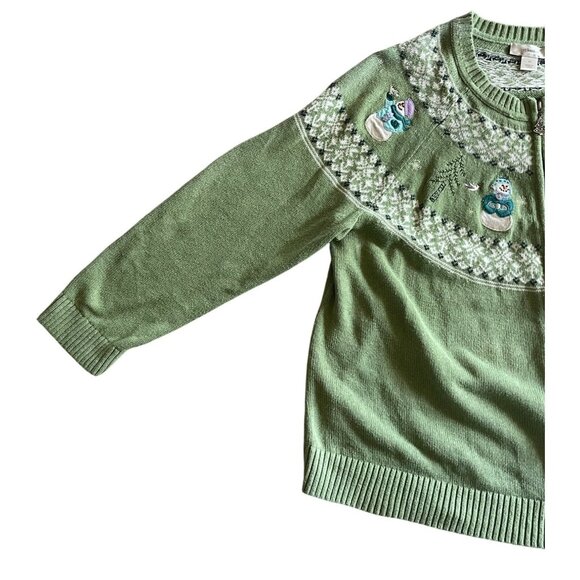 CJ Banks Women's Christmas Sweater Green Zip Front Snowmen Size 2X - Picture 5 of 14